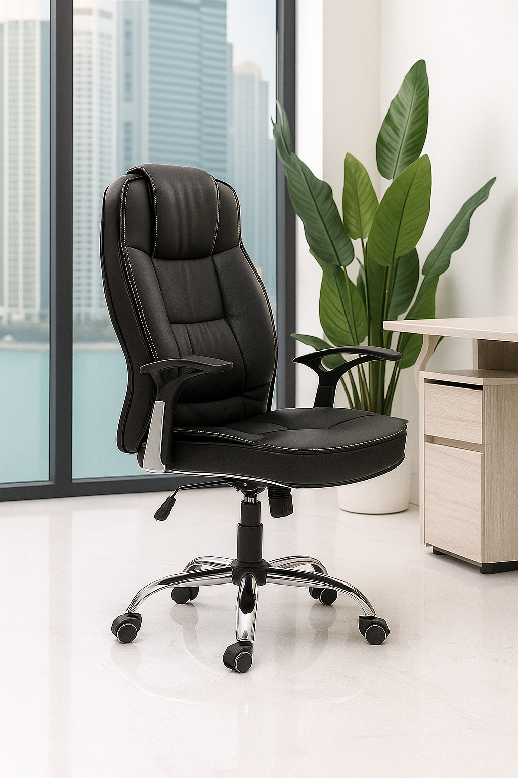 High-Back Executive Office Chair – Black Leather with Chrome Base