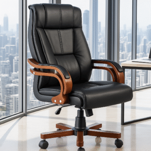 Executive Leather Office Chair – Black with Wooden Finish
