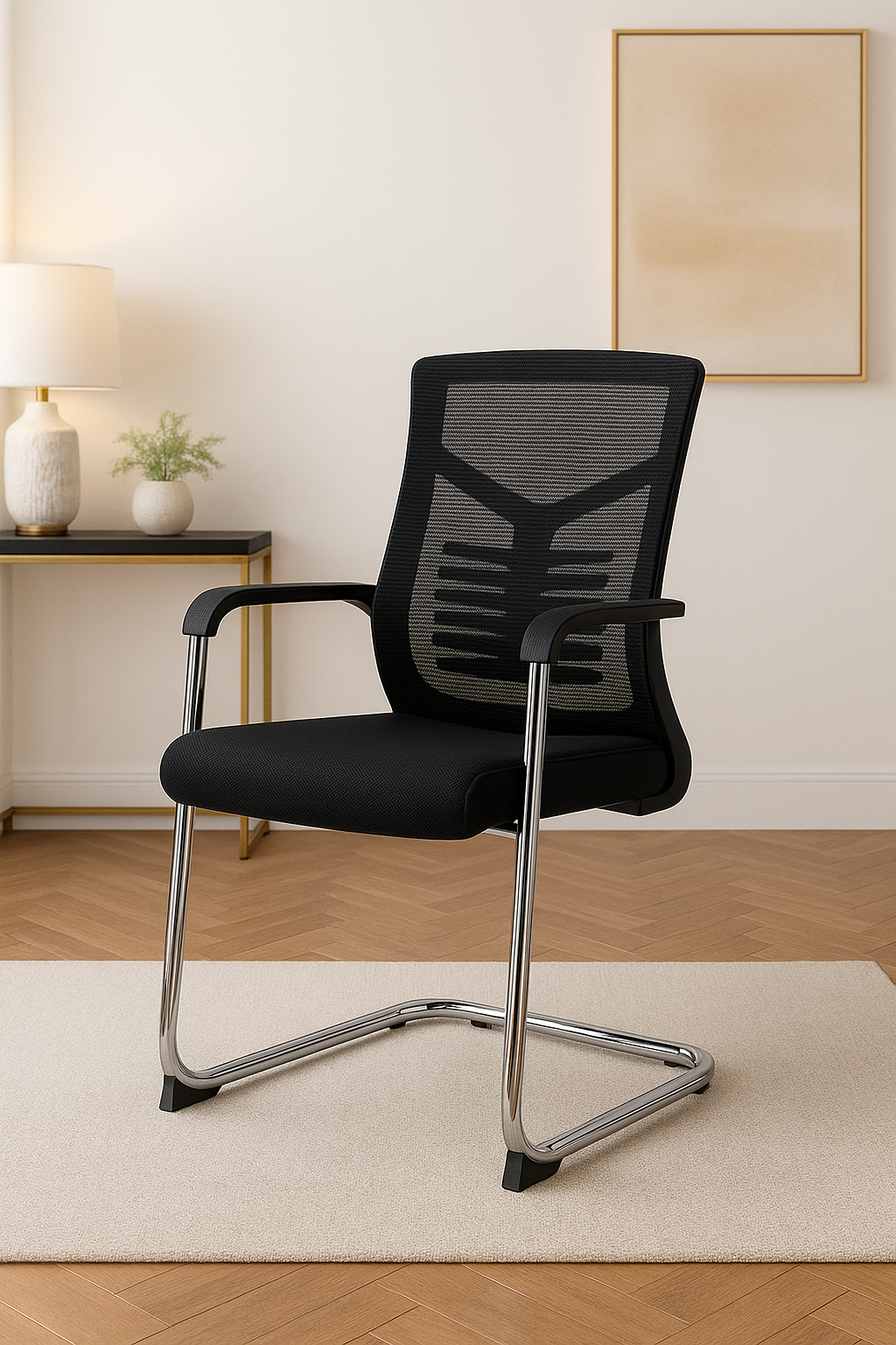 Modern Black Mesh Visitor Chair with Chrome Cantilever Frame