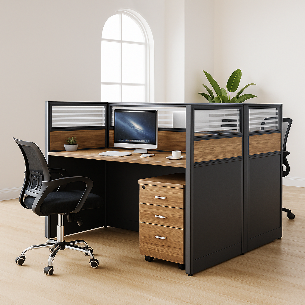 2-Way Modular Office Workstation – Sleek Black & Oak with Frosted Panels