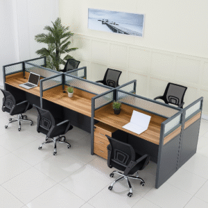 6-Way Modular Office Workstation – Black Frame with Wood Finish
