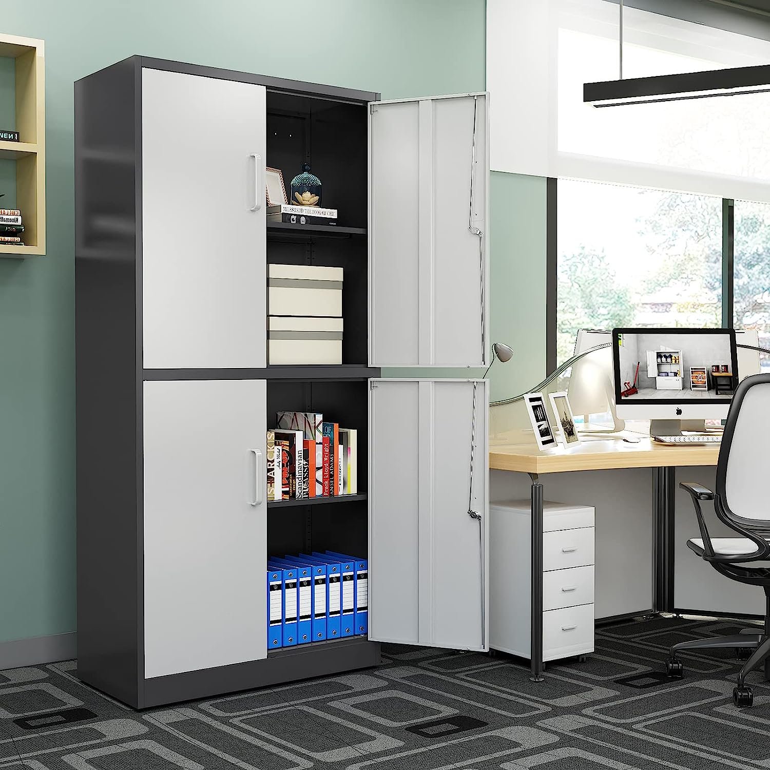 Modern 4-Door Office Storage Cabinet – White & Grey Finish with Locks - Image 3