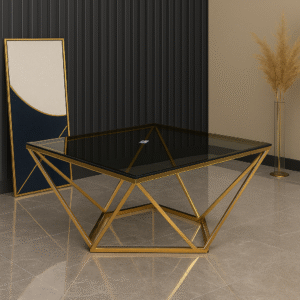 Geometric Gold-Framed Glass Coffee Table – Square Design