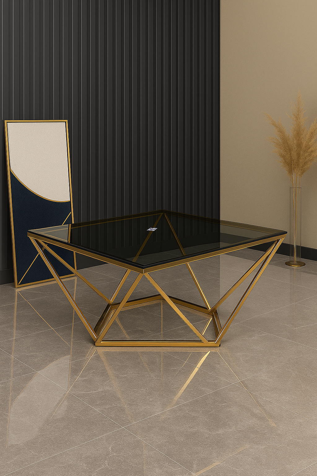 Geometric Gold-Framed Glass Coffee Table – Square Design