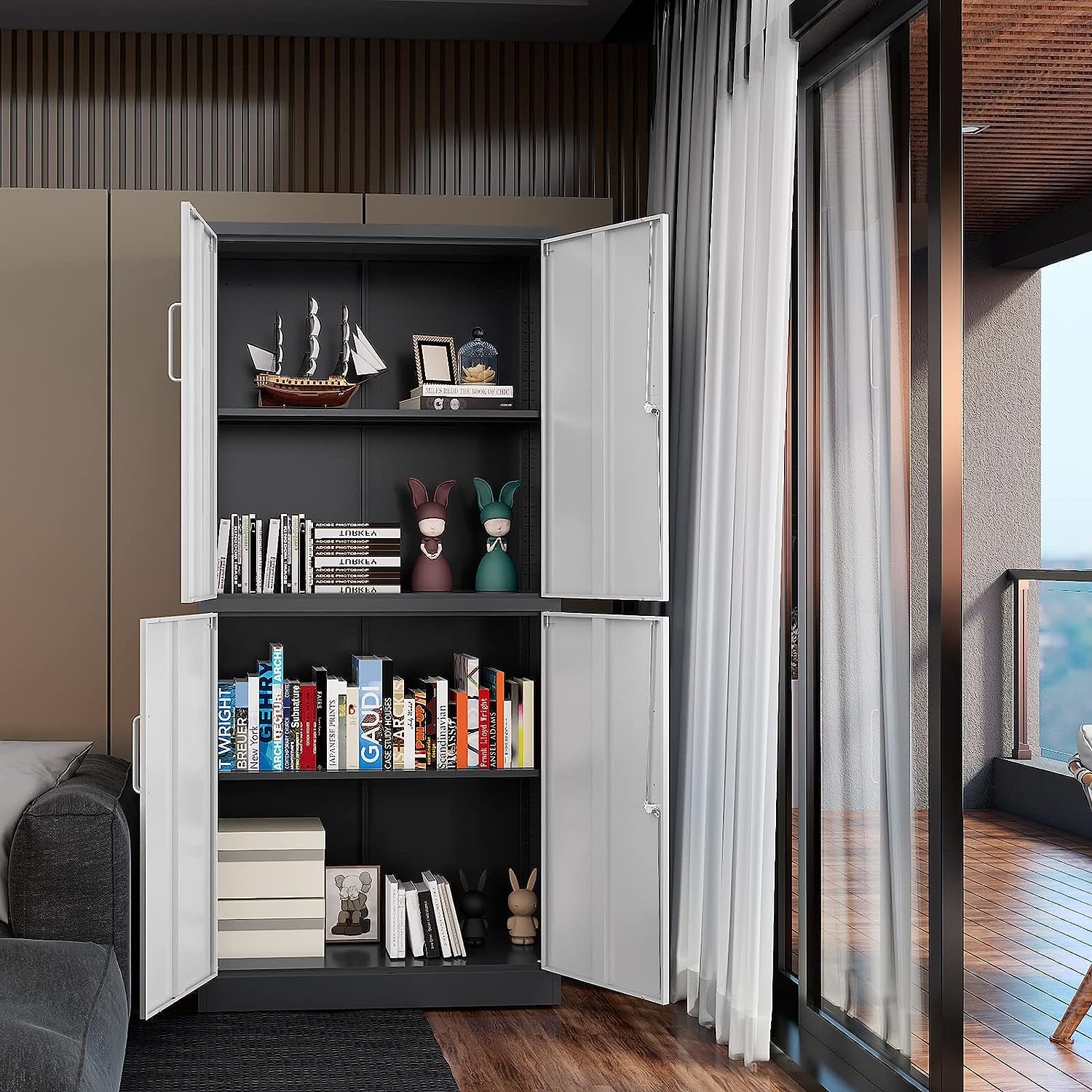 Modern 4-Door Office Storage Cabinet – White & Grey Finish with Locks - Image 5