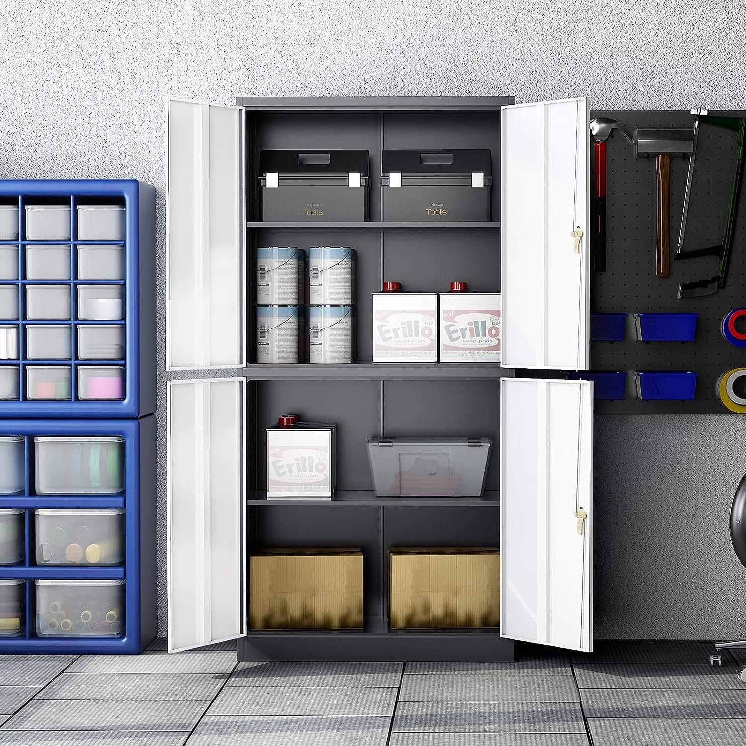 Modern 4-Door Office Storage Cabinet – White & Grey Finish with Locks - Image 4