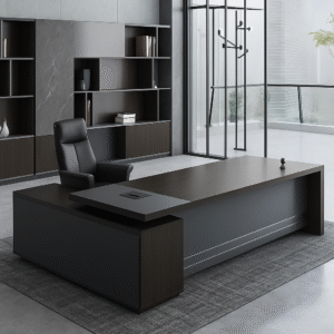 1.8m Executive Office Desk – Modern Minimalist Design in Black & Dark Wood