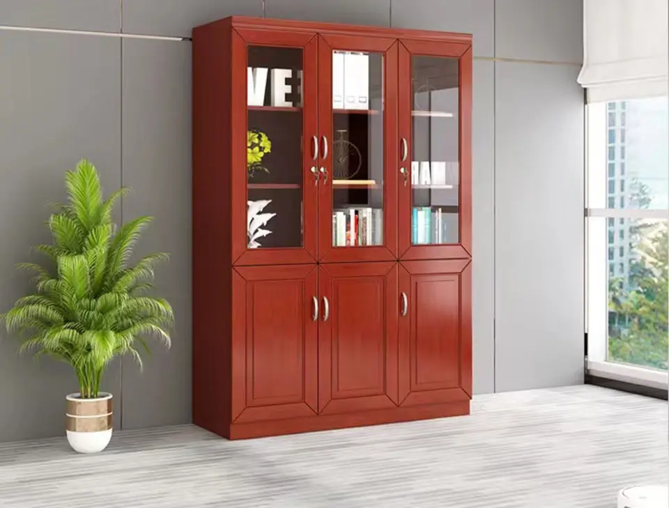 Executive Wooden Office Storage Cabinet with Glass Doors – Mahogany Finish