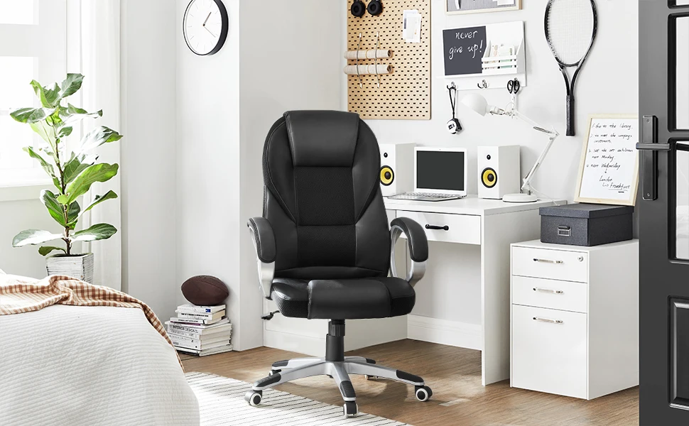 Mid-Back Executive Office Chair – Black PU Leather with Silver Accents