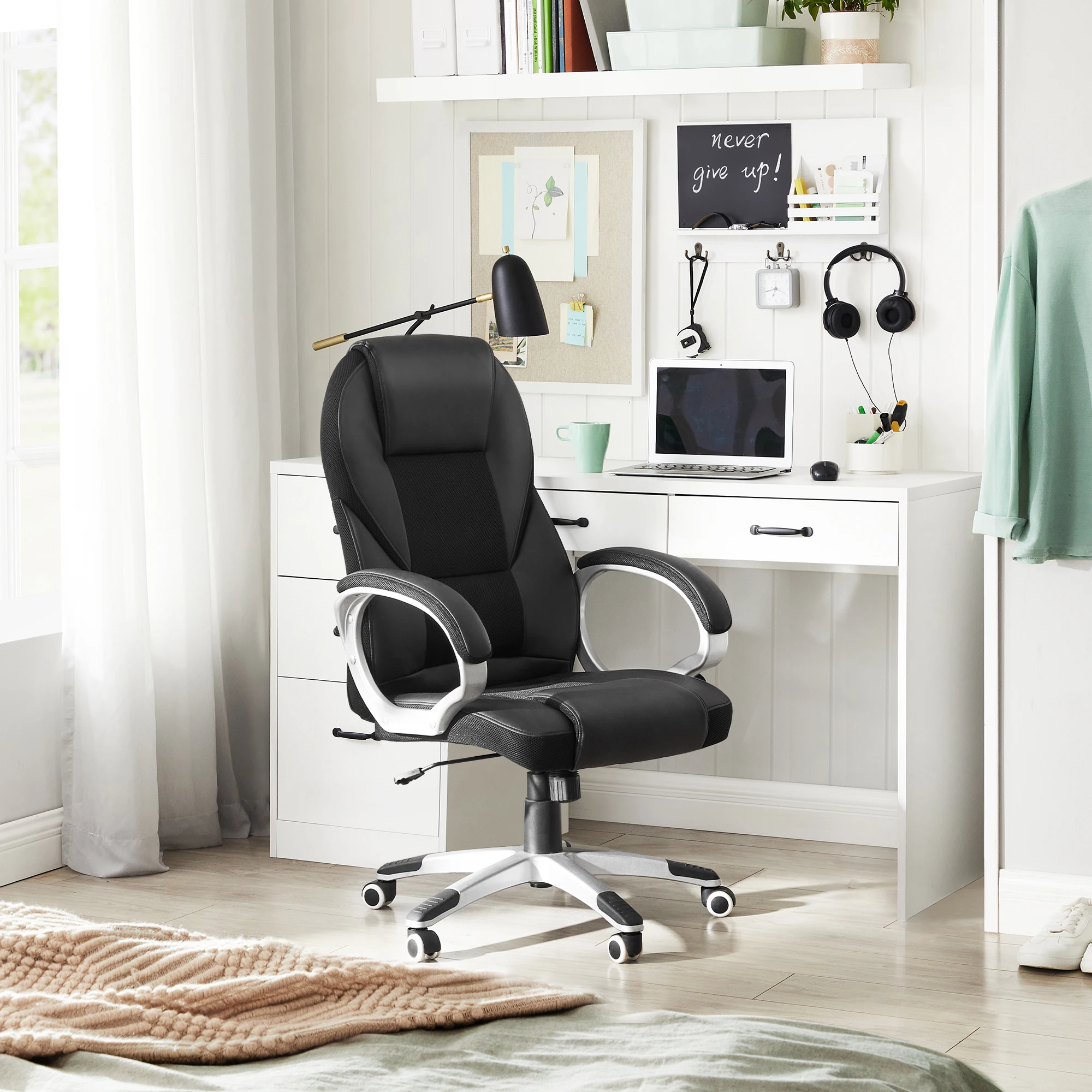 Mid-Back Executive Office Chair – Black PU Leather with Silver Accents - Image 4