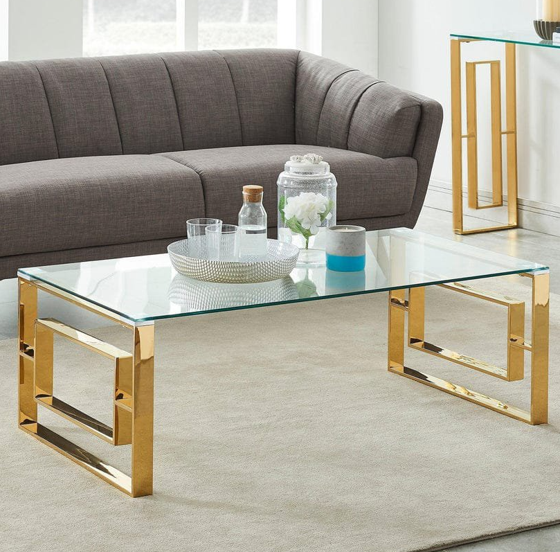 Modern Rectangular Glass Coffee Table – Gold Metal Base - Image 2