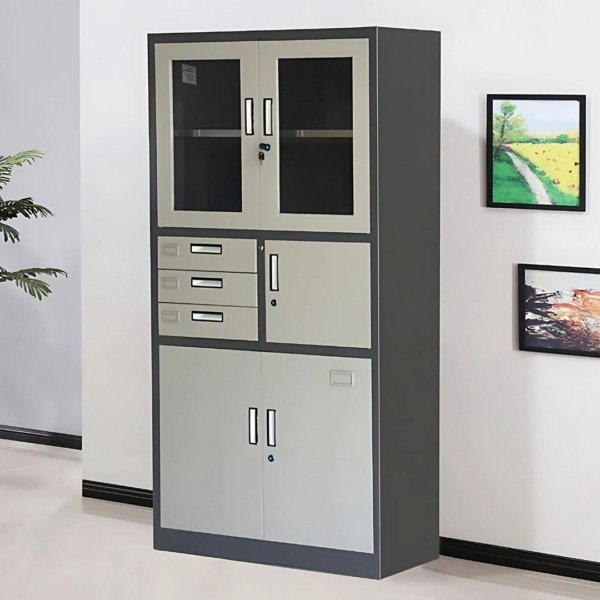 Half glass and metal filing cabinet with safe