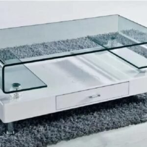 Modern Rectangular Coffee Table – Glass Top with White Base & Drawer