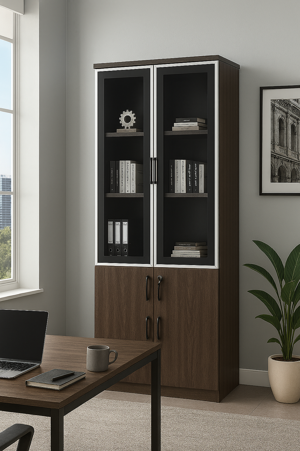 Glass & Wood 2-Door Office Storage Cabinet