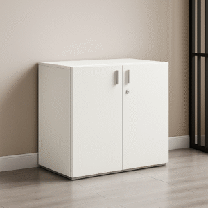 Compact White Wooden Storage Cabinet with Lockable Doors