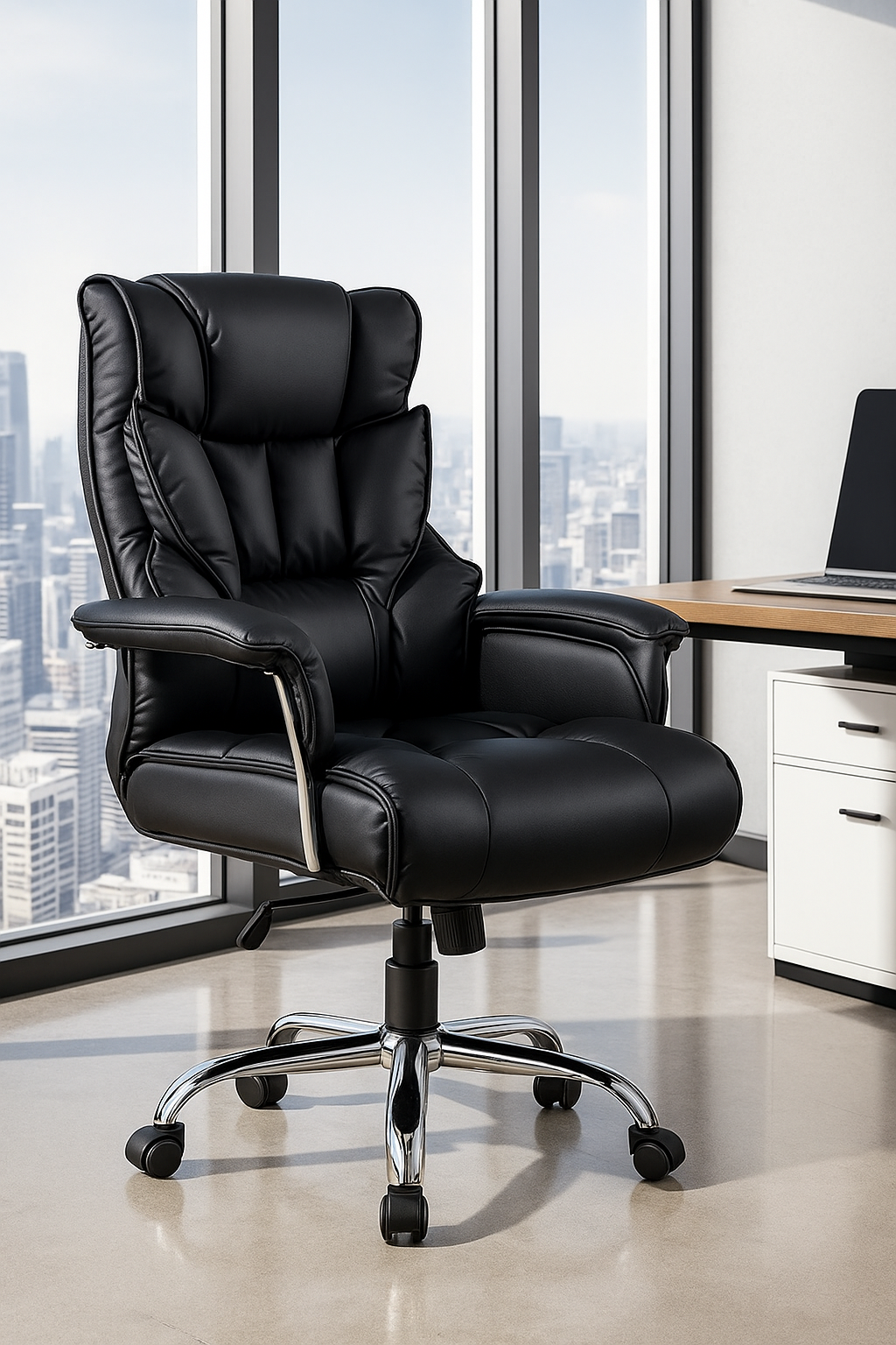 Executive Plush Leather Office Chair – Winged High-Back Design