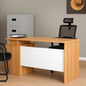 Modern Executive Office Desk – Light Oak with White Modesty Panel (1.2m)