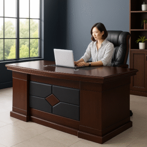 1.8m Executive Mahogany Office Desk – Curved Front with Leather Panel Detail