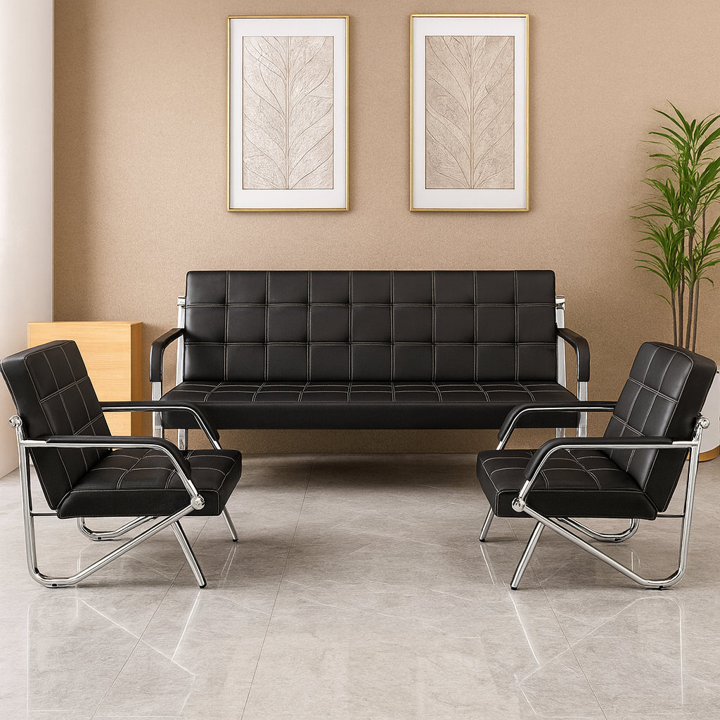 Black Leather & Chrome Executive Waiting Area Sofa Set - Image 2