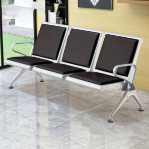 3-Seater Metallic Waiting Bench – Silver Frame with Black Cushions